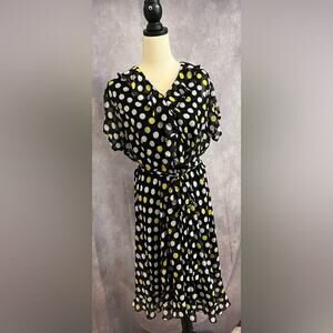 JBS Navy Blue Sheer Polka Dot Blouson Dress Yellow & White Dots Ruffled Hem 18WP
